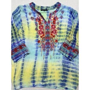 Caleao 3X Plus Size Boho Tie Dye Embroidered Rayon Tunic Top Blue Yellow Floral